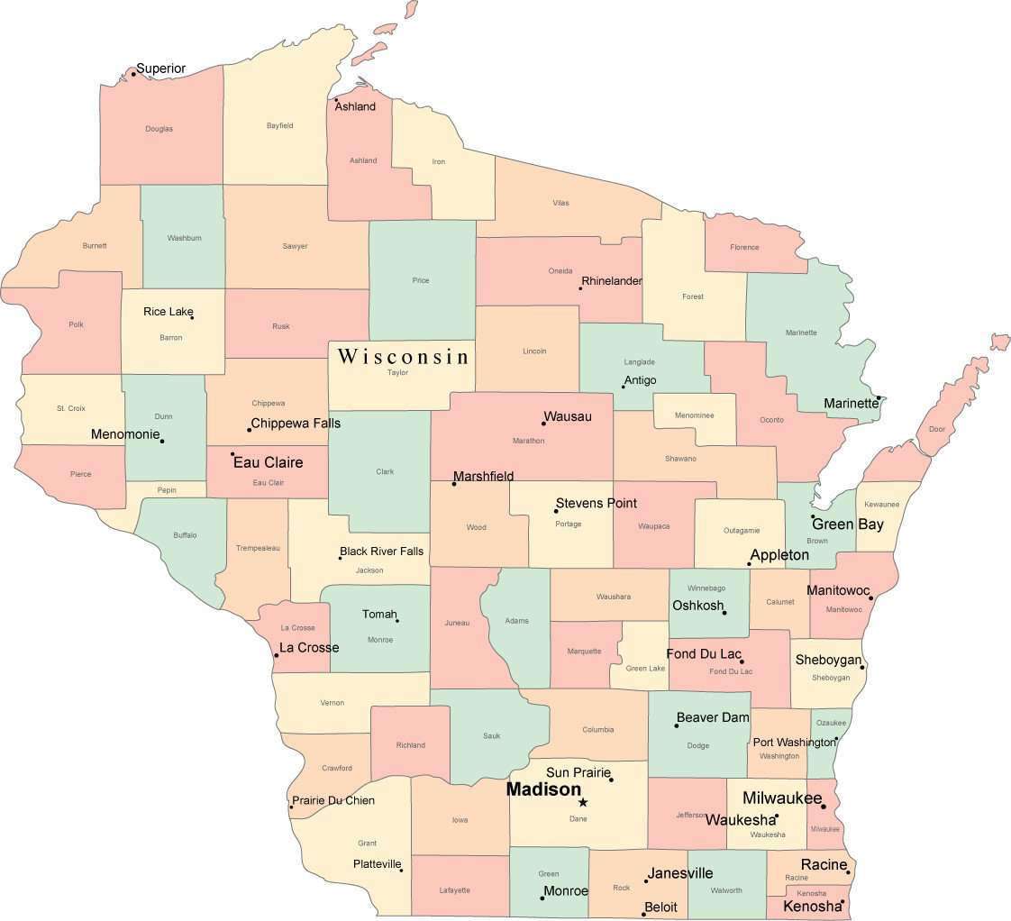 Multi Color Wisconsin Map with Counties, Capitals, and Major Cities