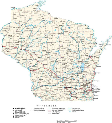 Wisconsin State Map in Fit-Together Style to match other states