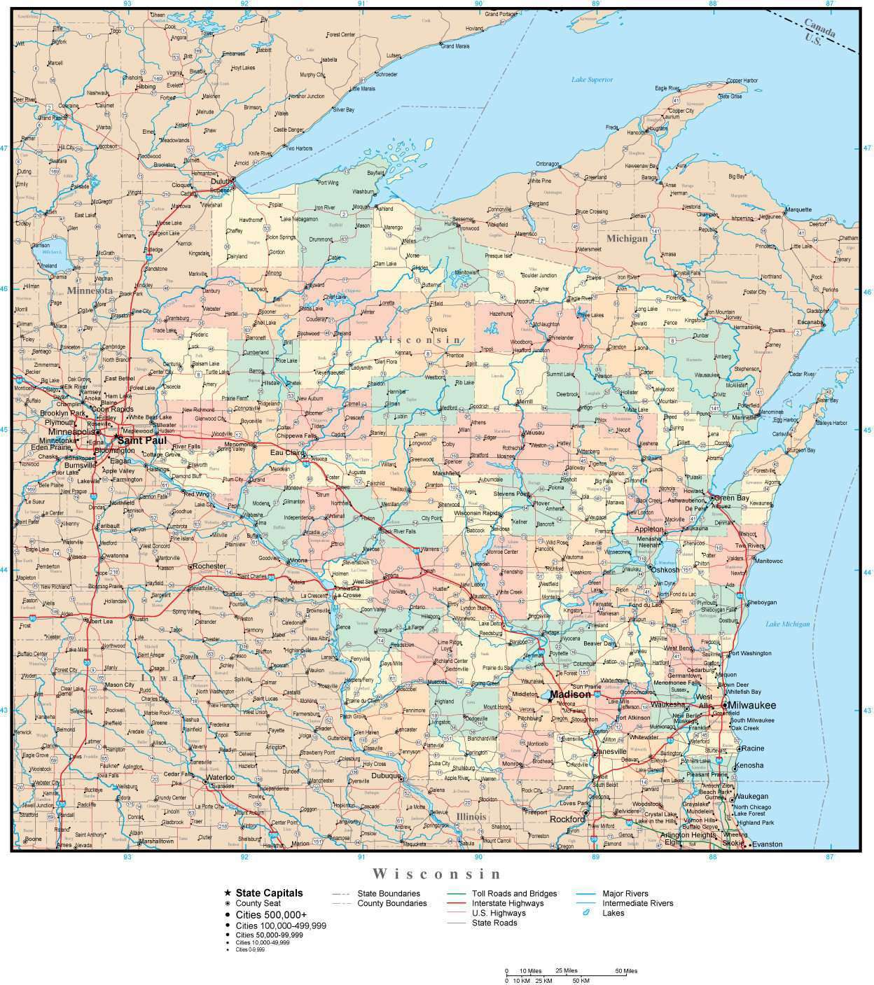 Wisconsin Adobe Illustrator Map with Counties, Cities, County Seats
