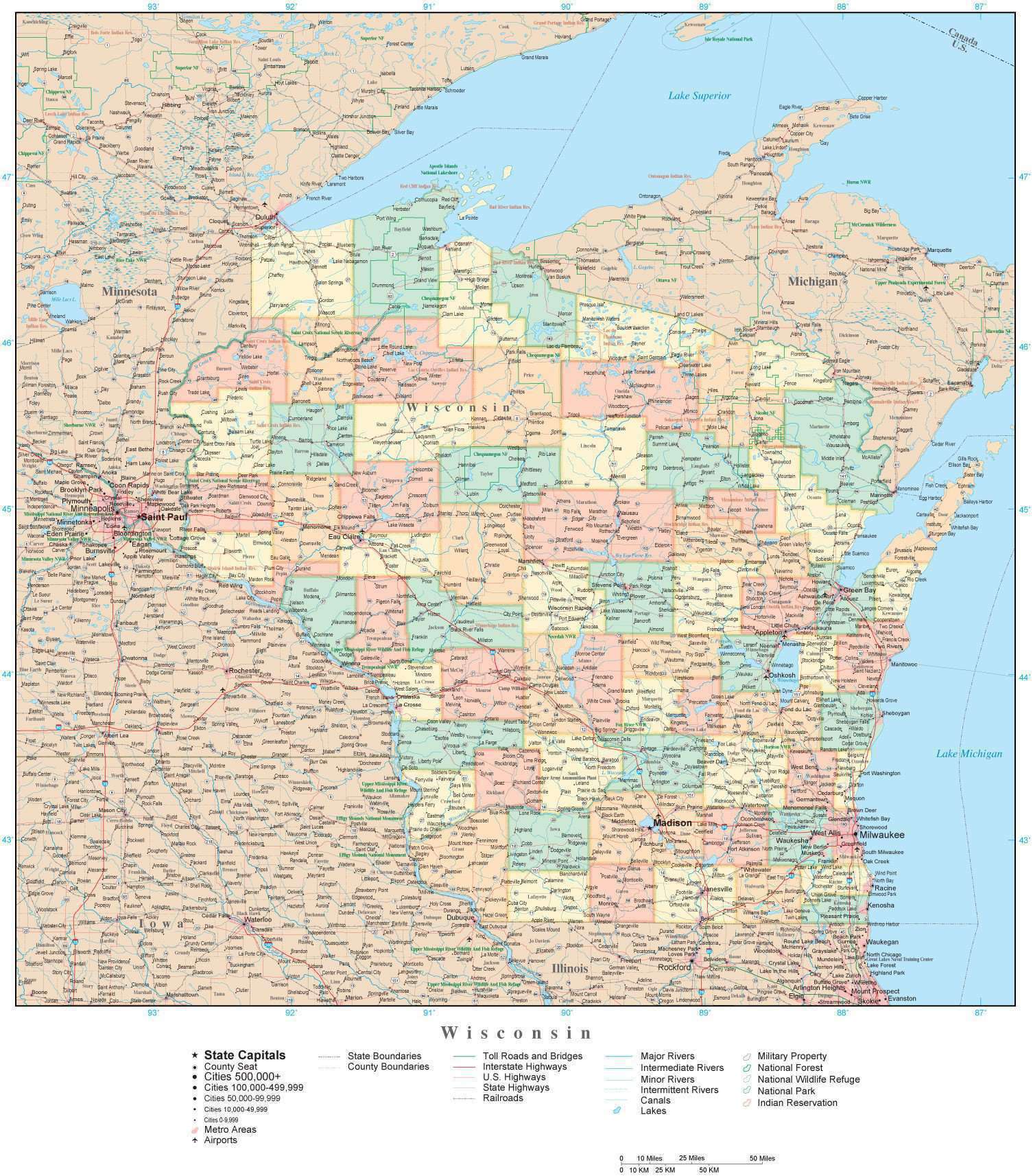 Wisconsin State Map In Adobe Illustrator Vector Format Detailed