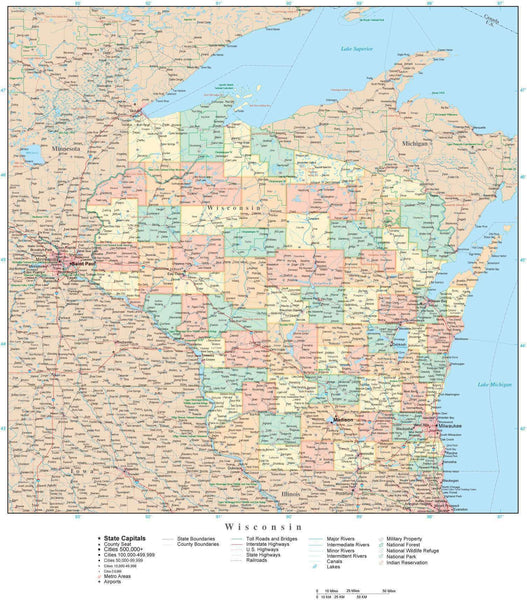 Wisconsin State Map in Adobe Illustrator Vector Format. Detailed ...