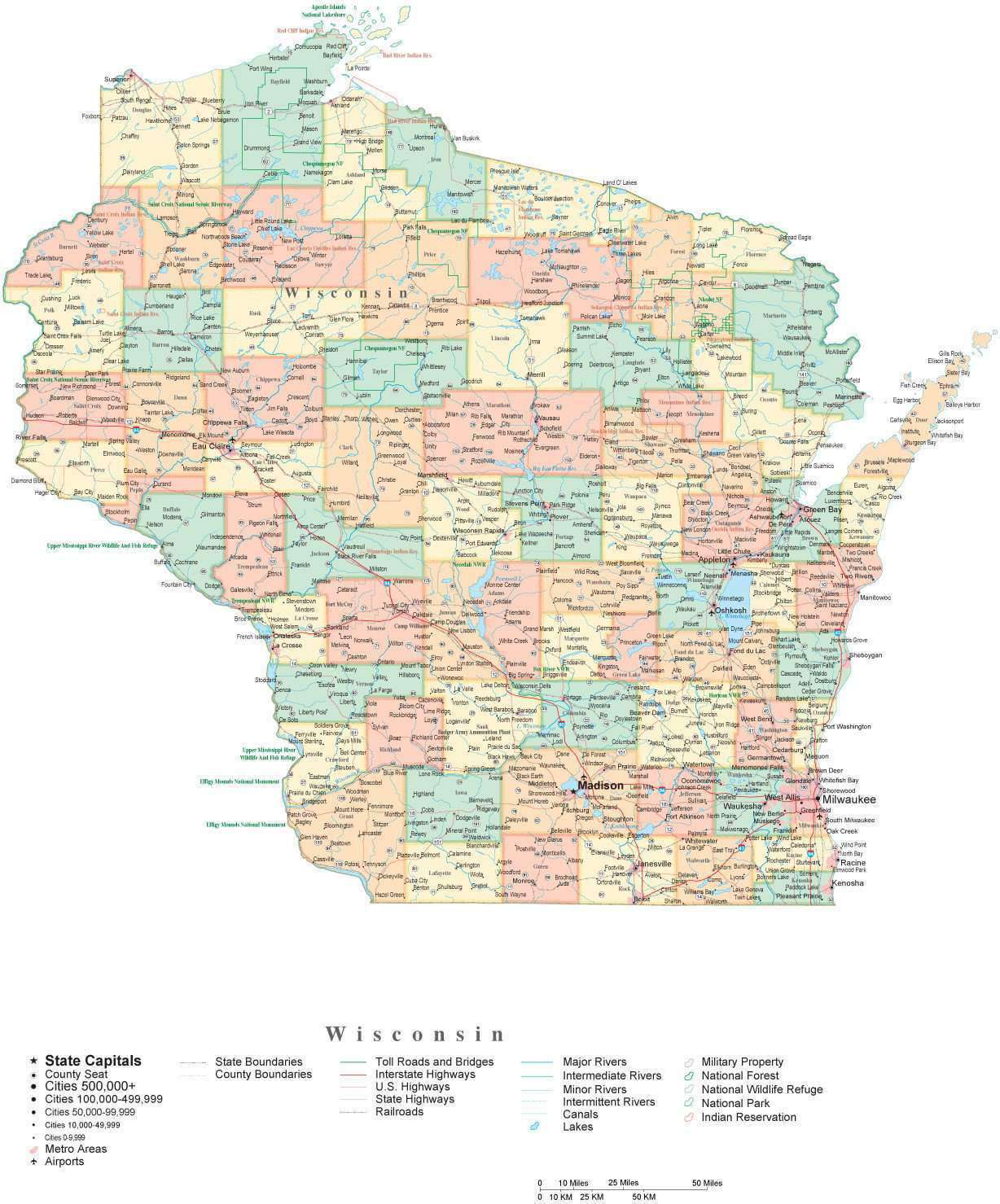 Wisconsin State Map With Counties And Cities State Map of Wisconsin in Adobe Illustrator vector format 