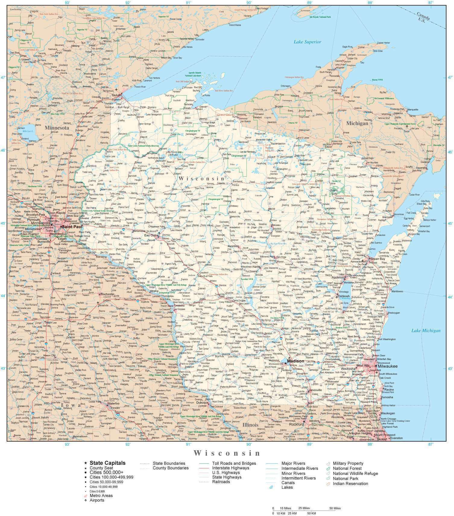 Wisconsin Detailed Map in Adobe Illustrator vector format. Detailed ...