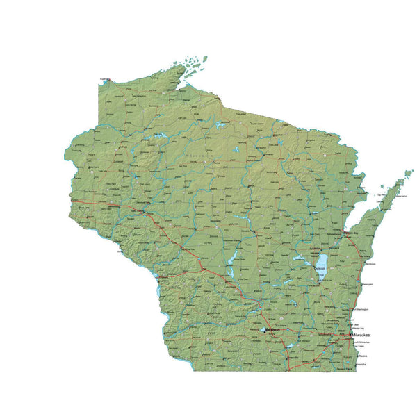 Wisconsin Terrain map in Fit Together style with Terrain WI-USA-852139