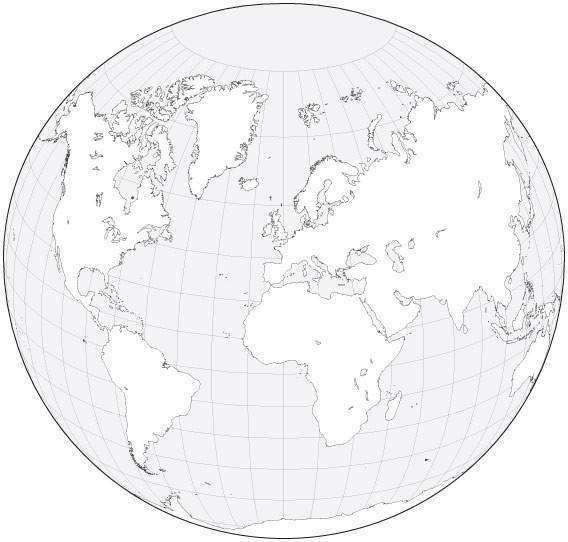 World Black & White Blank Outline Map - Circular Projection