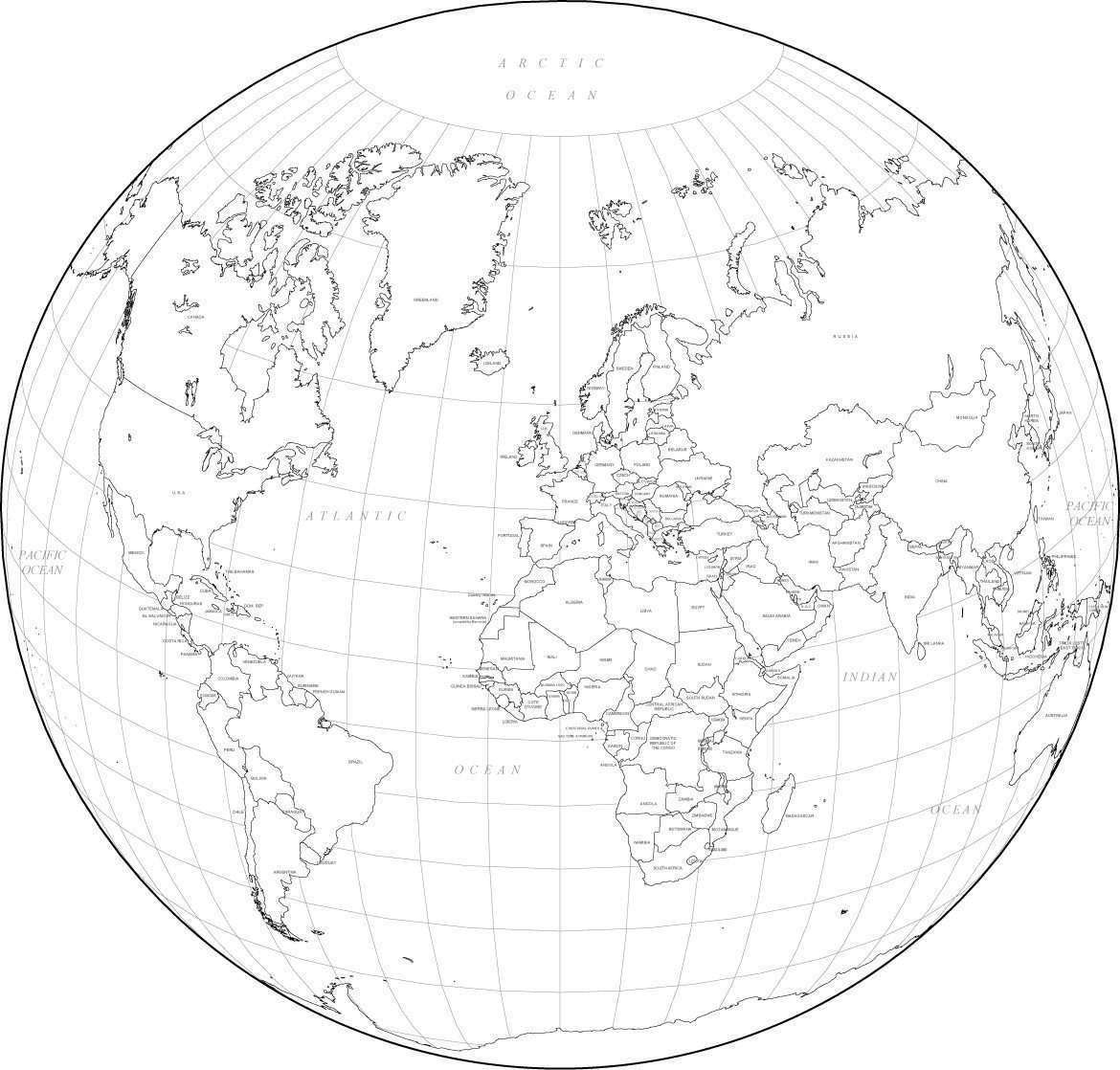 world map with country names black and white