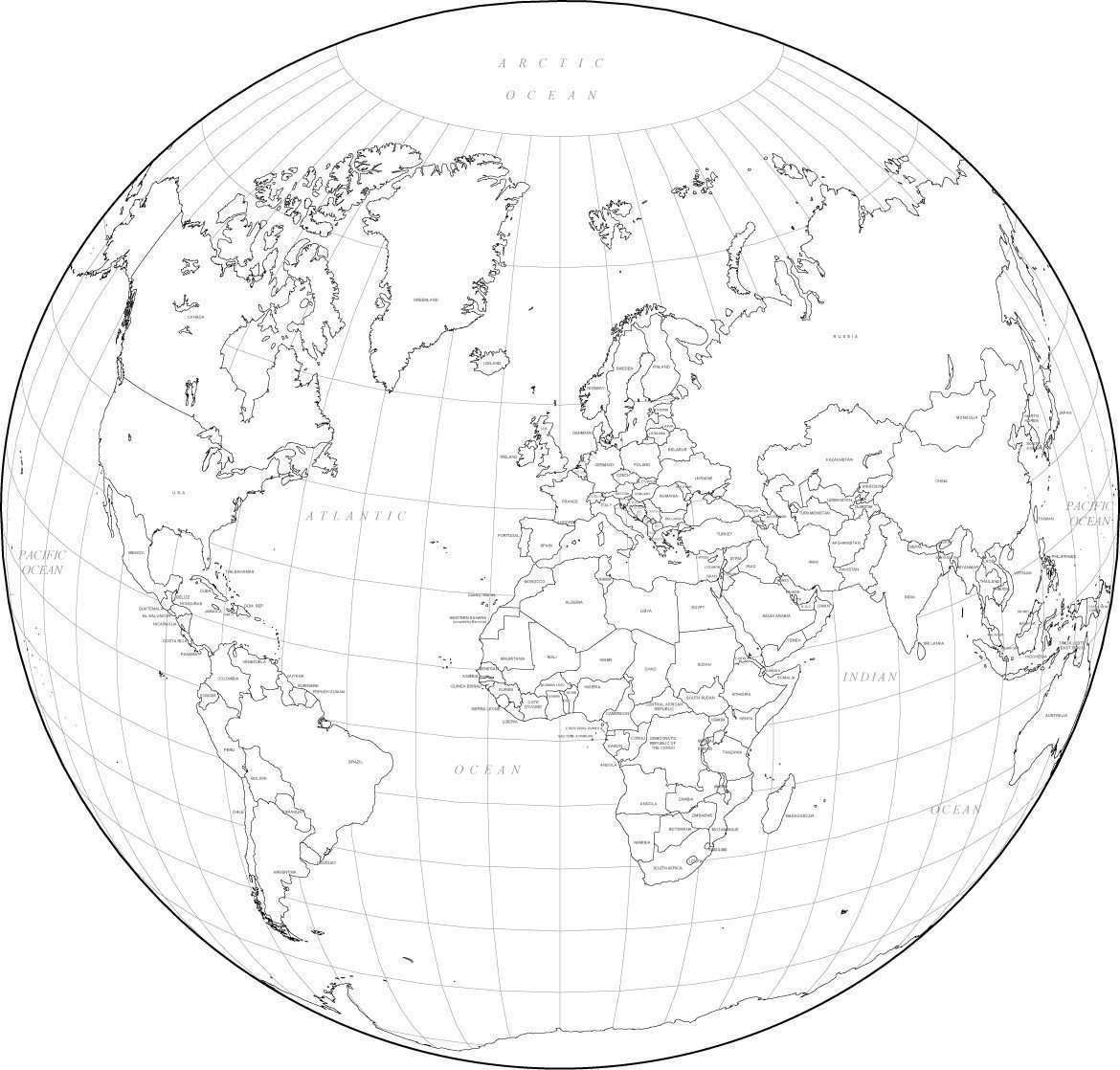 Circular Map Of The World World Black & White Map With Countries - Circular Projection