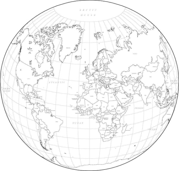 World Black & White Map with Countries - Circular Projection