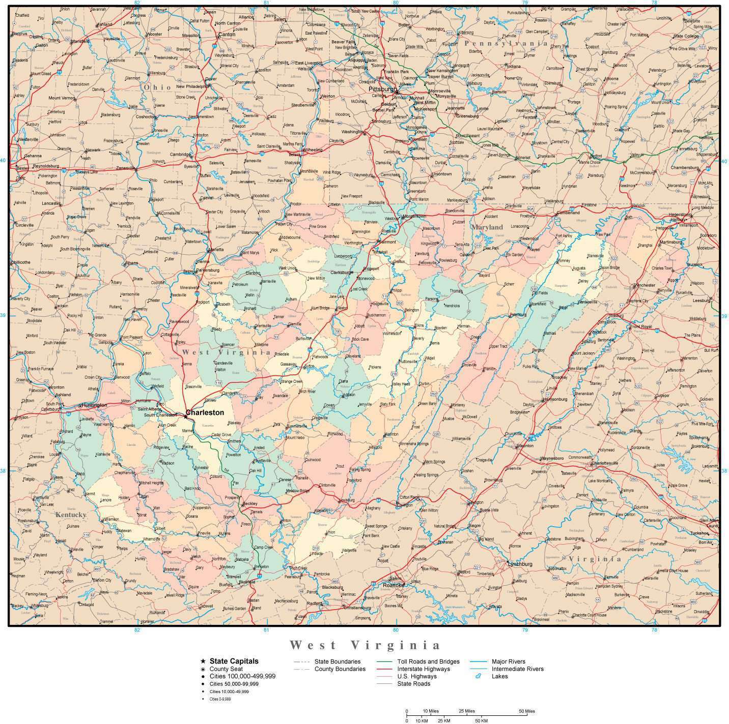 West Virginia Adobe Illustrator Map with Counties, Cities, County Seats