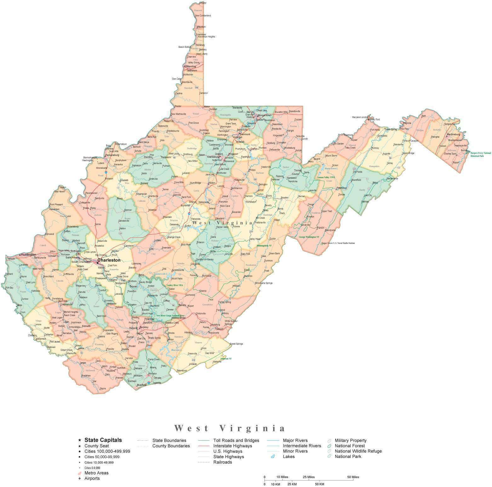 State Map of West Virginia in Adobe Illustrator vector format. Detailed