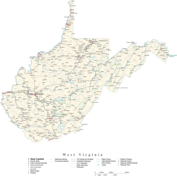 West Virginia Detailed Cut-Out Style State Map in Adobe Illustrator ...