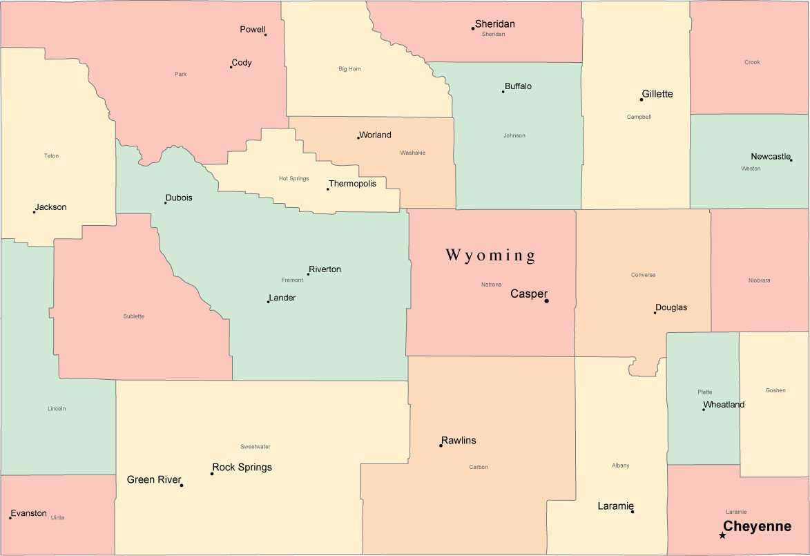 Multi Color Wyoming Map with Counties, Capitals, and Major Cities