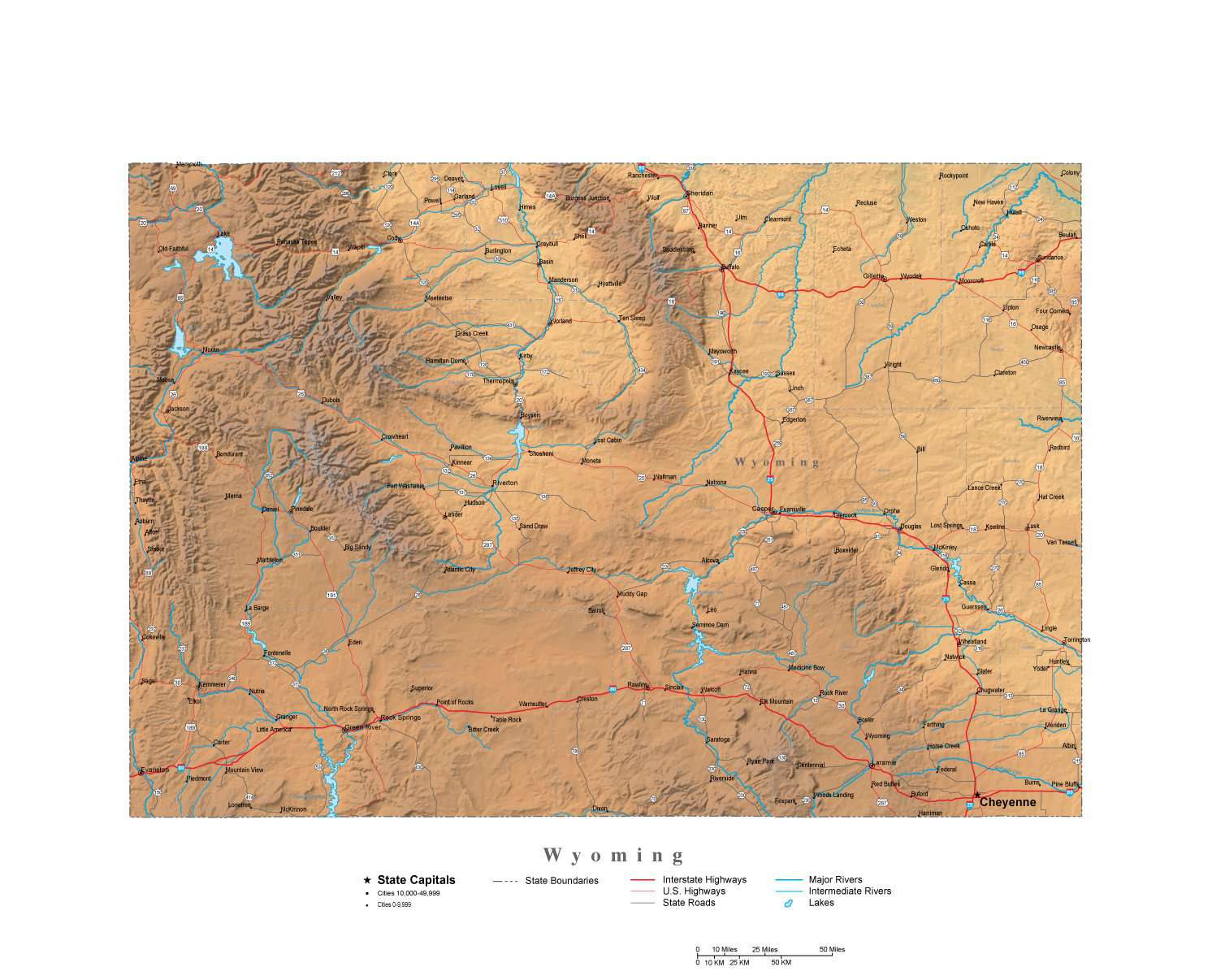 Wyoming Illustrator Vector Map With Cities Roads And Photoshop Terrain   WY USA 242029 