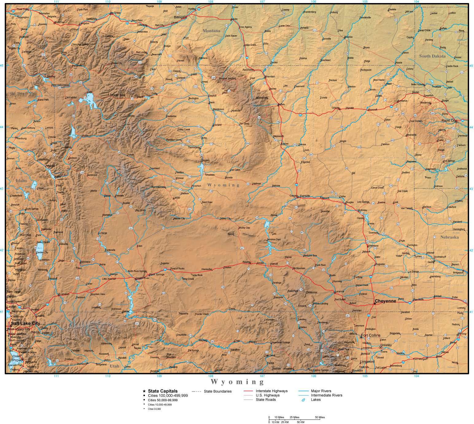 Wyoming State Map Plus Terrain With Cities And Roads 4620
