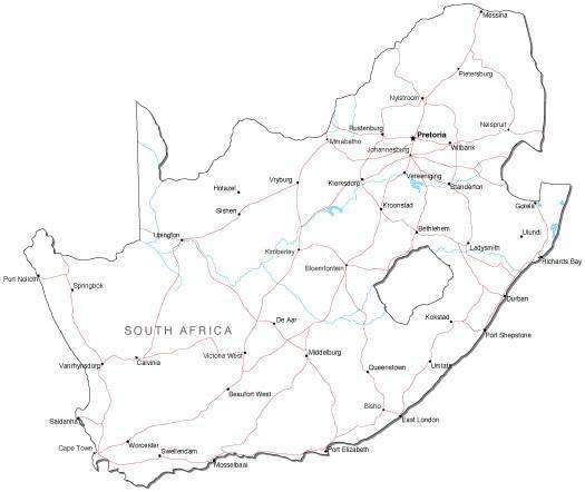 South Africa Black & White Road map in Adobe Illustrator Vector pic