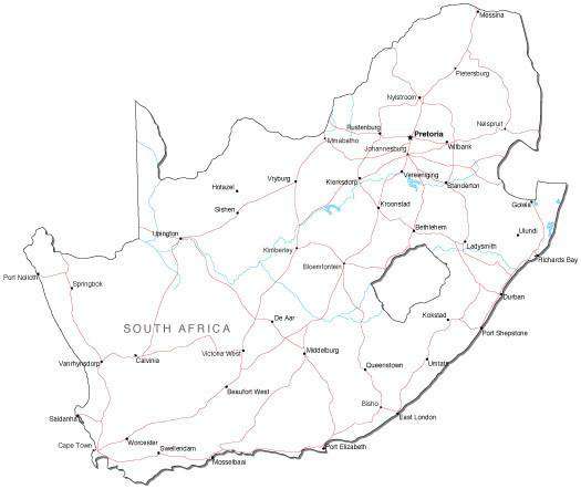 South Africa Black & White Road map in Adobe Illustrator Vector Format