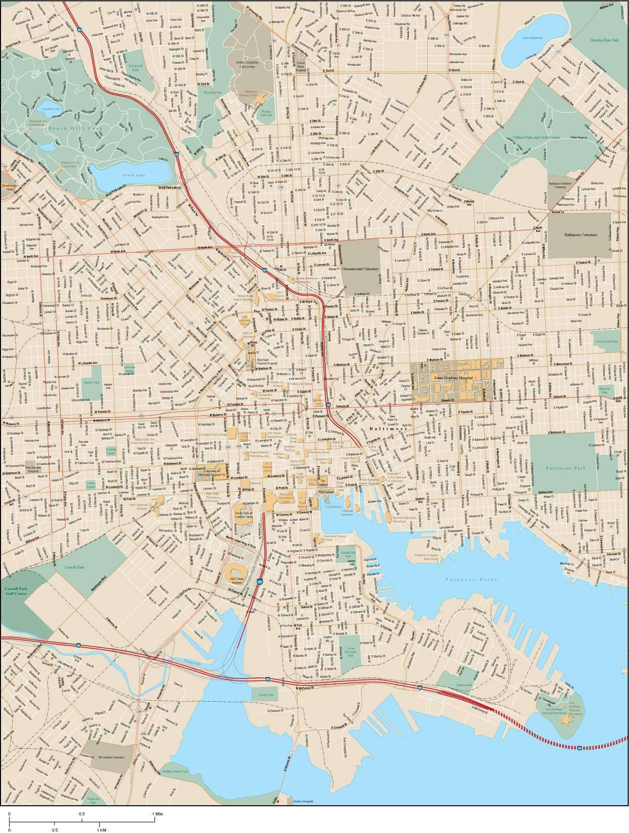 Baltimore City Map With Street Names Greater Baltimore Downtown Area Map With Local Streets In Adobe Illustrator  Vector Format