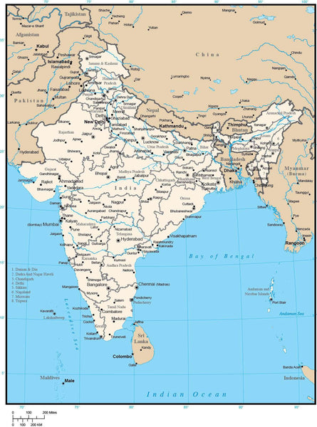 India Map with Administrative Areas and Capitals in Adobe Illustrator