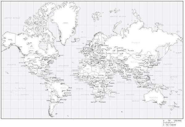 Black & White World Map with Countries and Major Cities - MC-EUR-25354 ...