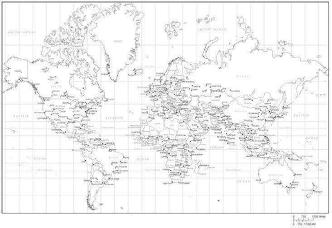 Black & White Mercator World Map with Countries Capitals and Major Cit ...