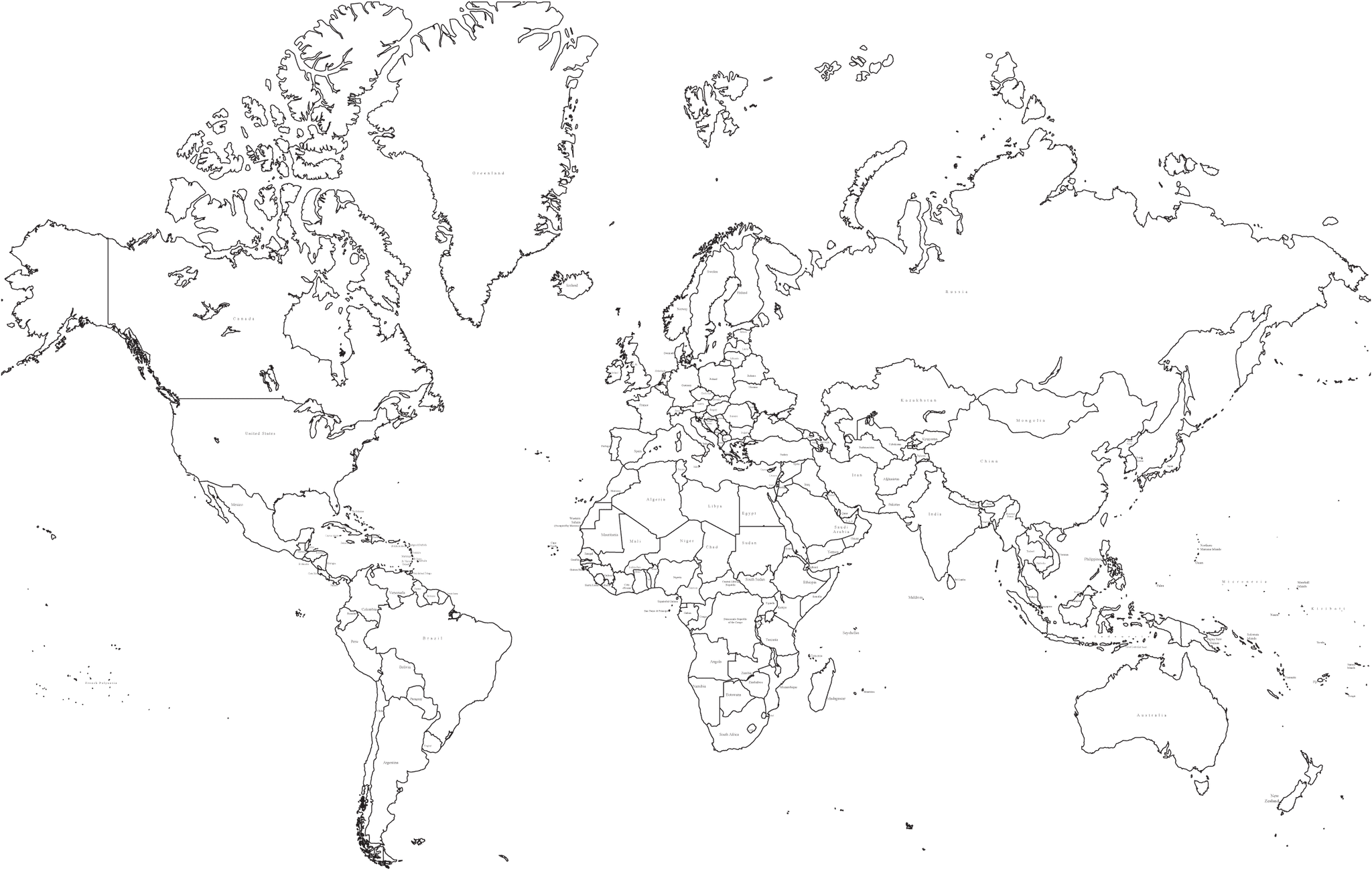 35 x 22 inch black and white world map mercator