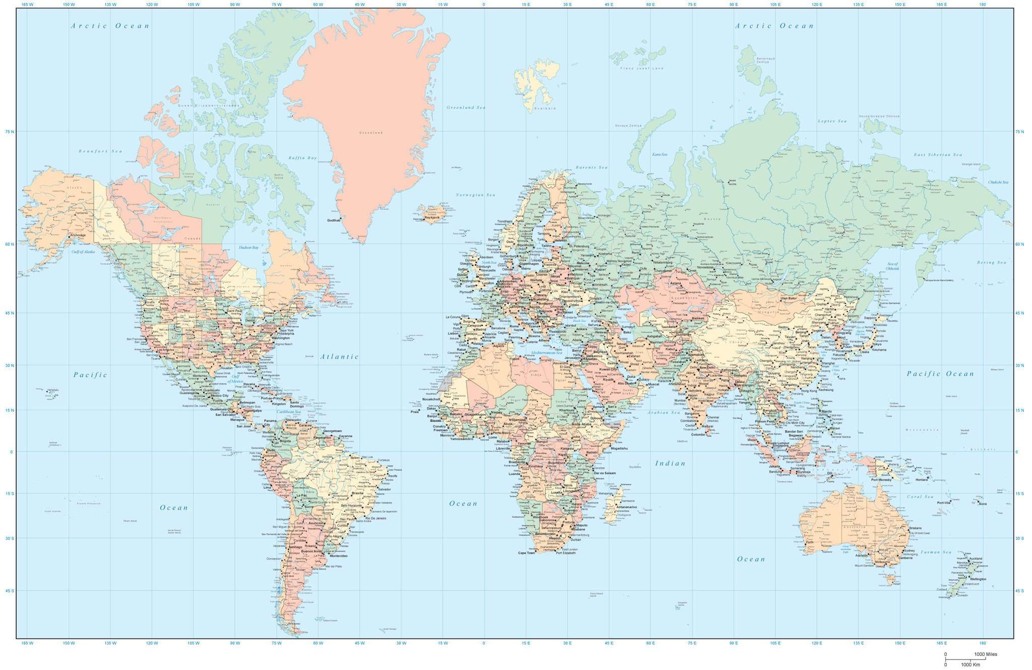 Digital Adobe Illustrator World Map - Europe Centered - High Detail