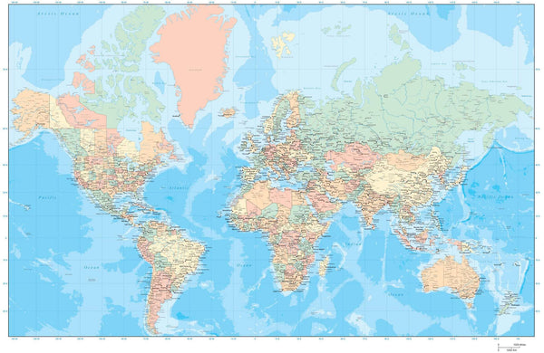 World Map, Poster Size, with Countries, Ocean Contours, and Other Features