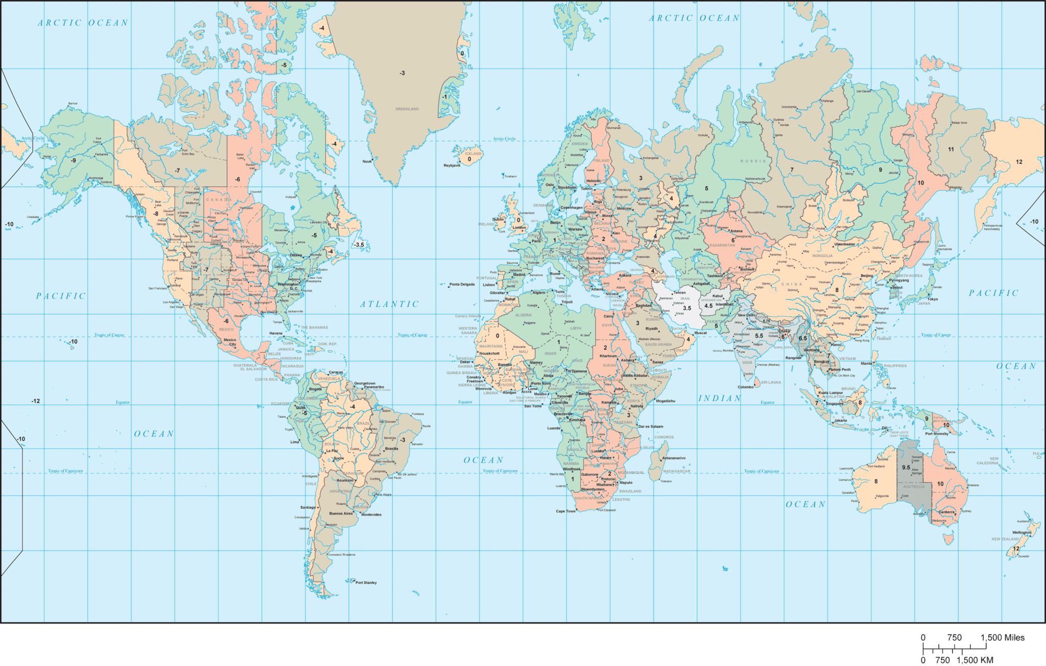 World Map With Time Zones Mercator Projection