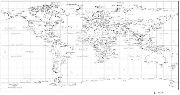 Black & White World Map with Countries, Capitals and Major Cities ...