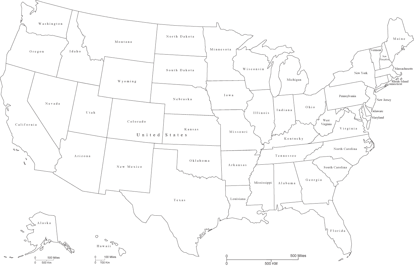 United States Black & White Map with State Areas and State Names