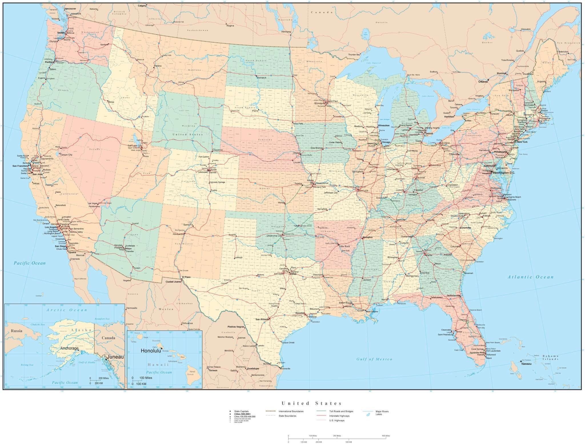 Poster Size US Map with Counties, Cities, Highways, and Water Features