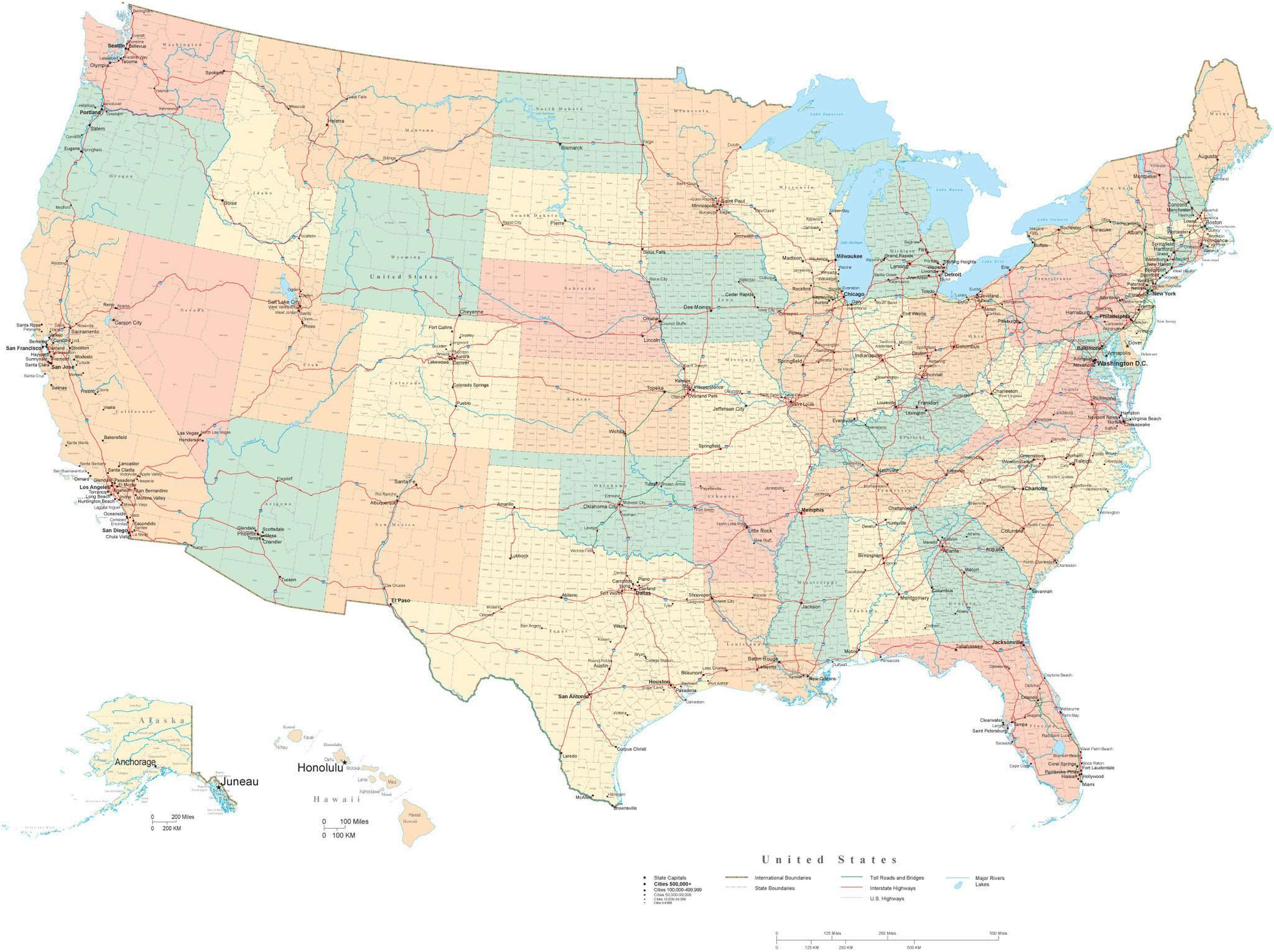 poster size usa map with counties cities highways and water features