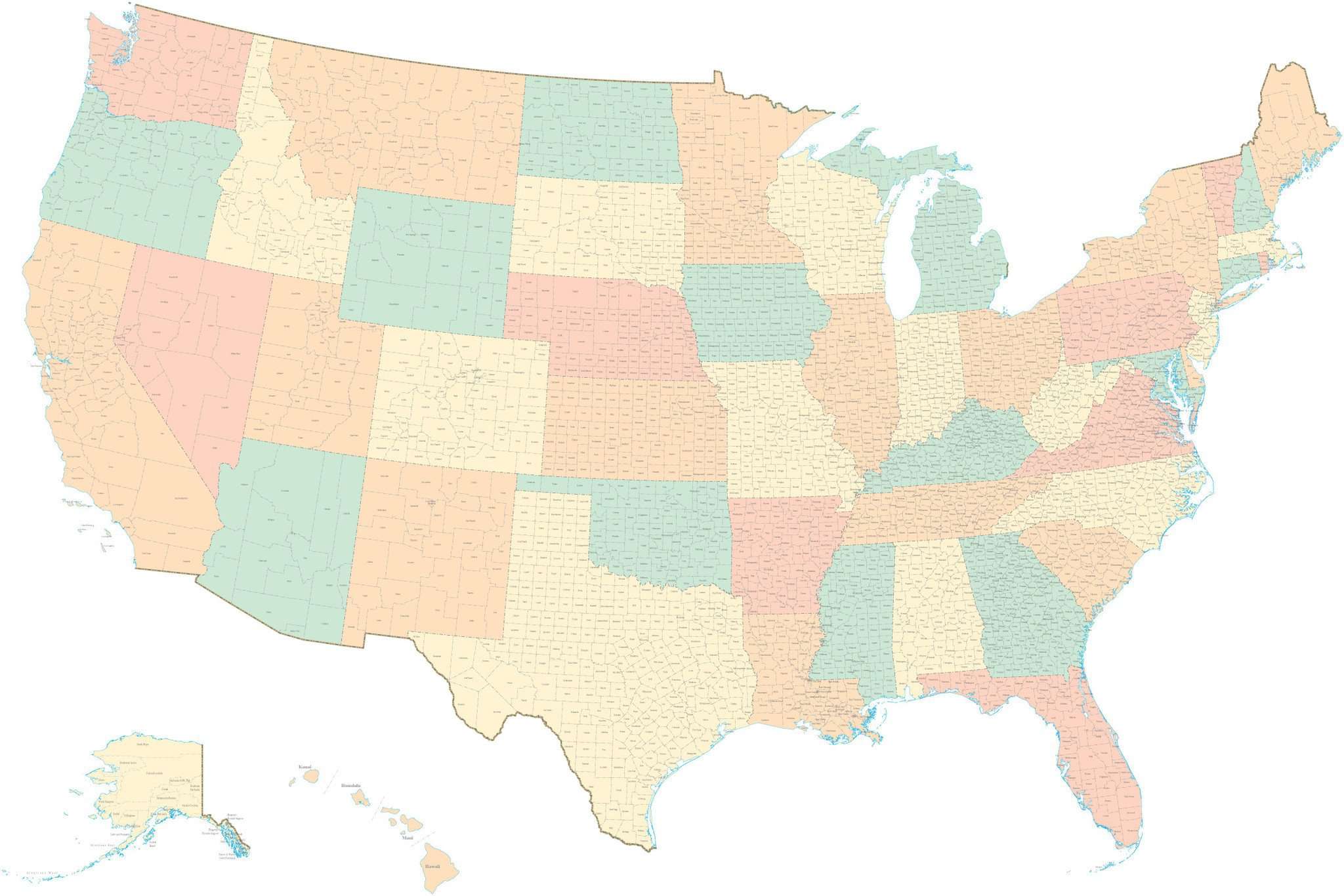 Poster Size Usa Map With All Counties Curved Projection