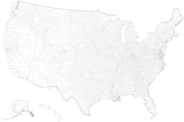 Digital Black & White USA Map with Counties and County Names