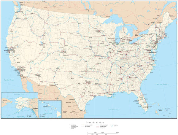 Poster Size USA Map with County Boundaries, Cities, Highways, Water ...