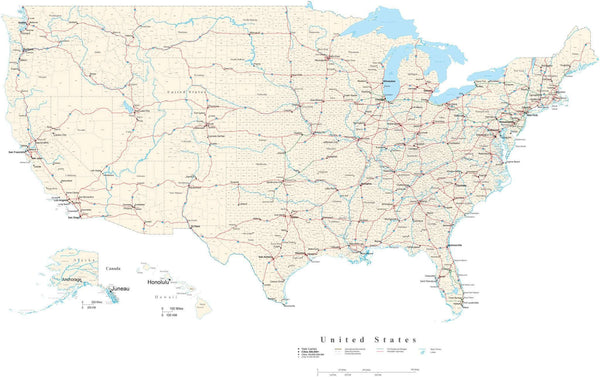 Digital Usa Map Curved Projection With Cities And Highways 0952