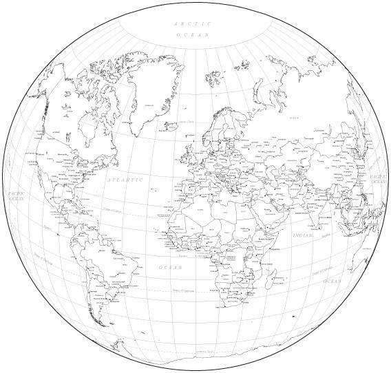 world map with country names black and white