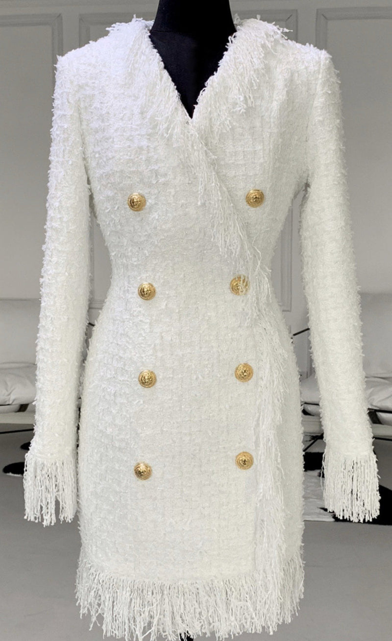 white blazer dress gold buttons