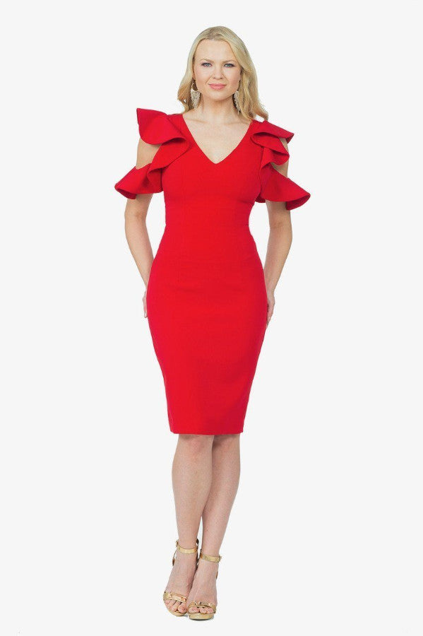 red ruffle shoulder dress