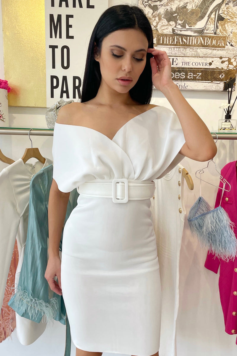 white off the shoulder belted dress