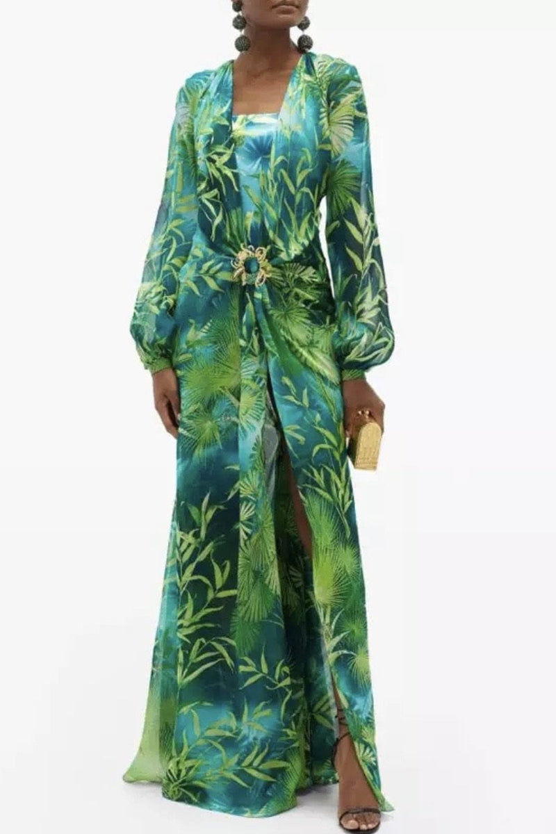 tropical maxi dress with sleeves