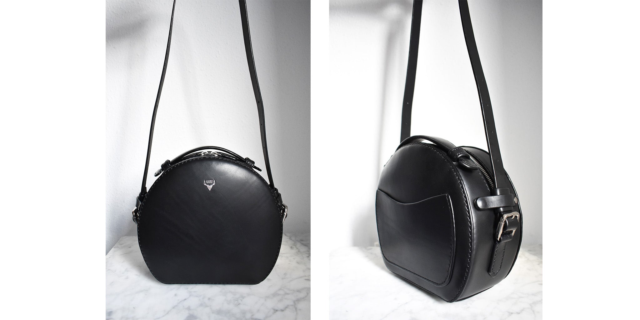 Bespoke Round Bag in black vegetable tanned leather | Karu Atelier