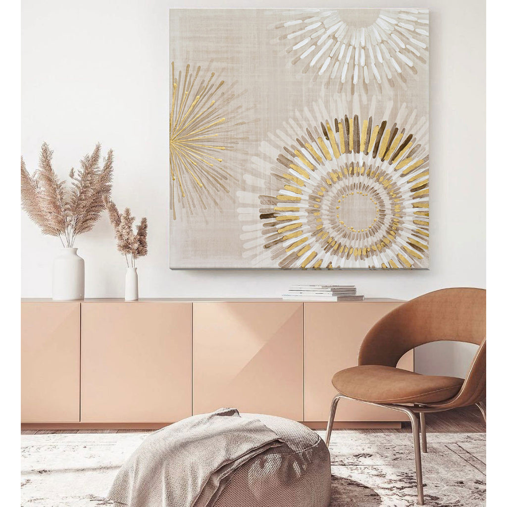 Living room with a pink-colored console table beneath a piece of neutral-toned Varaluz wall art