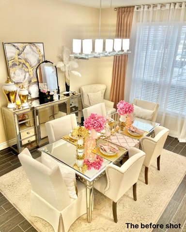 A simple white glass pendant in an ivory dining room before a glamourous makeover