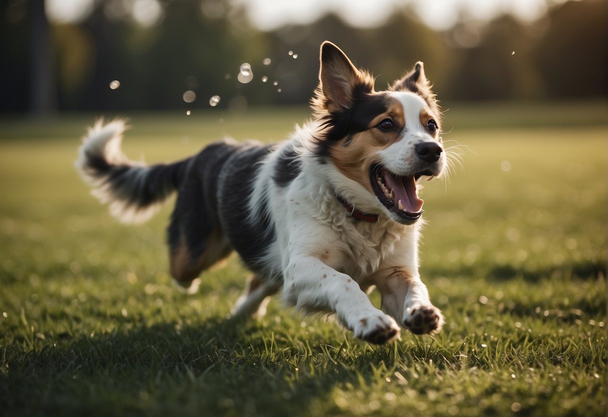 A dog eagerly chases after a ball thrown across a grassy field, tail wagging and ears perked up in excitement