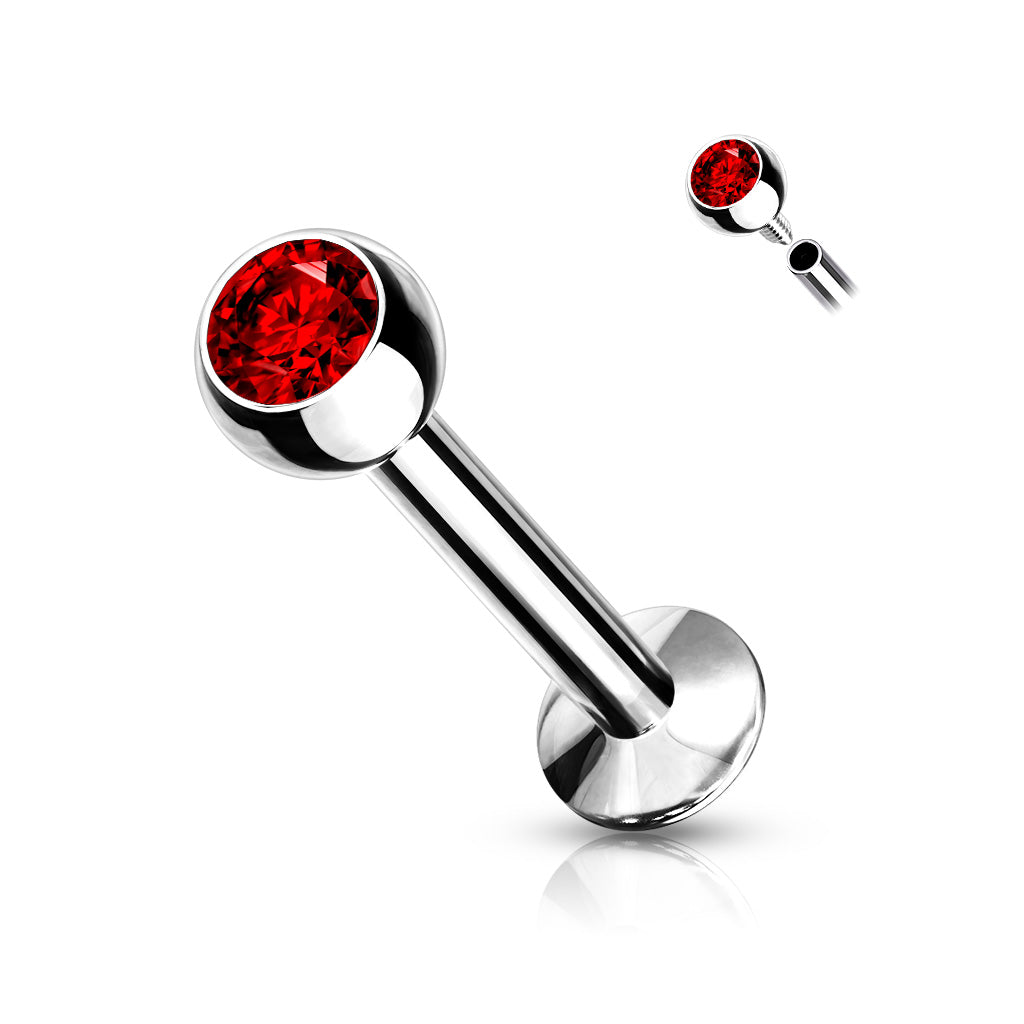 316L Surgical Steel Internally Threaded Red CZ Labret Flat Back Bar Length:5/16