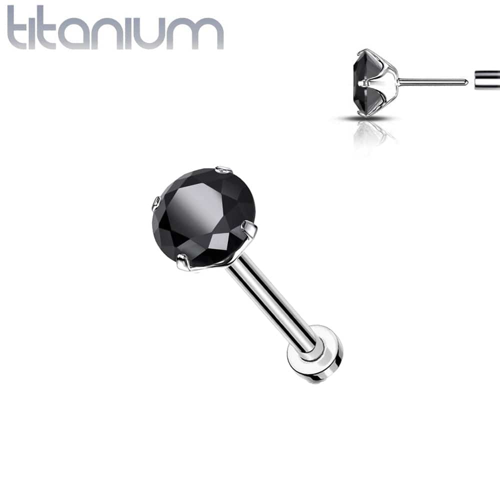 Implant Grade Titanium Threadless Push In Flat Back Black Prong CZ Nose ...