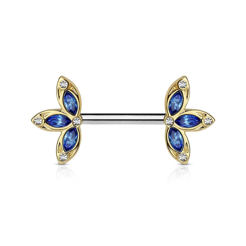 Surgical Steel Gold PVD Petal Nipple Ring Barbell with Blue CZ - Pierced Universe