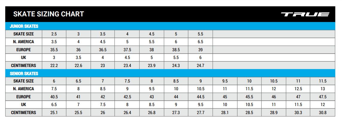 True TF7 and TF9 Stock Inline Hockey Skate Size Chart