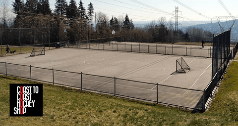 An outdoor mini-court on the side of a mountain in Coquitlam British Columbia Canada. Great spot for roller hockey or ball hockey.